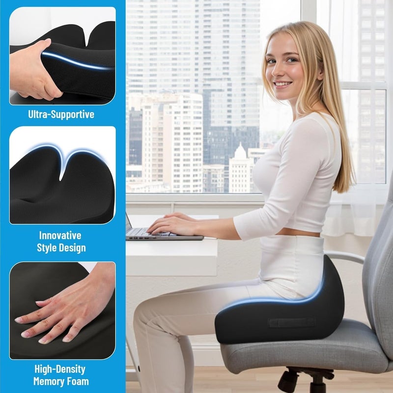 CushZone Seat Cushion, Memory Foam Office Chair Cushions, Ergonomic Curved Design for Sciatica, Tailbone, Coccyx, Seat Support for Car, Desk Chair, Wheelchair, Enhances Long Sitting Comfort (Black) - Image 4